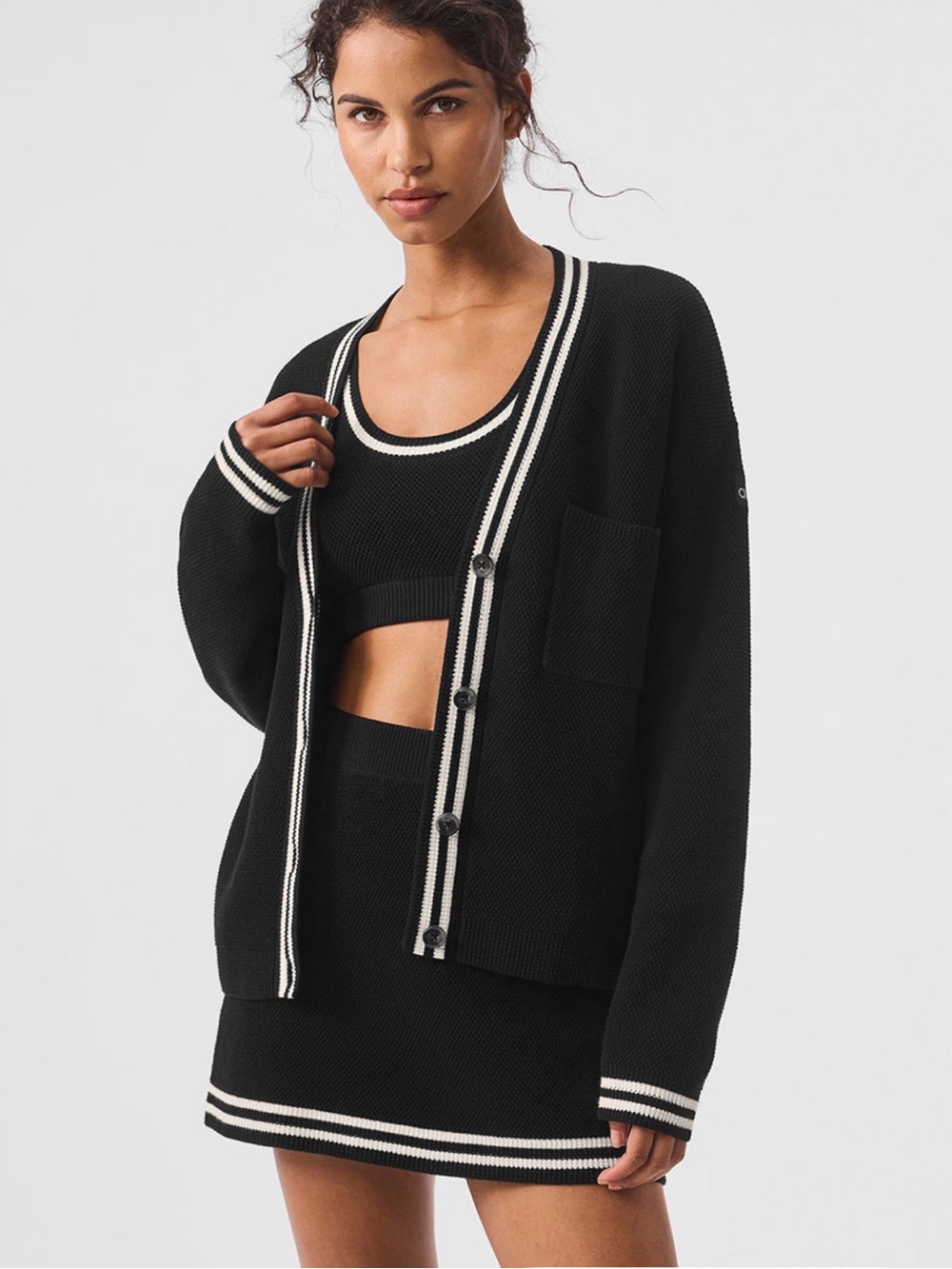 ALO Yoga Tennis Club Black Cardigan with White Trim